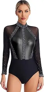 [Aislor] Women Figure Skating Leotard Shiny Rhinestones Long Sleeve Rhythmic Gymnastics Bodysuit