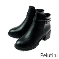 在飛比找momo購物網優惠-【Pelutini】經典拉鍊釦環造型圓頭真皮短靴 黑色(33