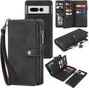 [TwoHead] for Google Pixel 7 Pro Wallet Case with Card Holder & Detachable Magnetic Phone Case for Google Pixel 7 Pro,PU Leather Shockproof Protective Case with Wrist Strap(Black)