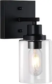 Wall Sconces for Bathroom, Black Modern Vanity Light Fixtures 1Pack Farmhouse Wall Lights with Clear Glass Shade Set of 2 Matte Wall Mount Lighting Lanterns for Bedroom Living Room