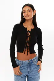 [Supré] Supré - Tanelle Tie Front Knit Top - Black S BLACK