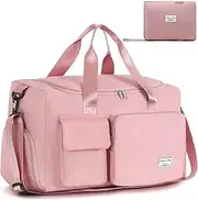 [Yuroochii] Foldable Gym Travel Duffel Bag, Dry Wet Separated Sport Duffle Bags Yoga Bag, Carry On Bag with Shoe Compartment Travel Weekender Bag (Pink)