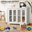 Sideboard Buffet Cupboard Cabinet Glass Sliding Door Storage Shelf White Natural