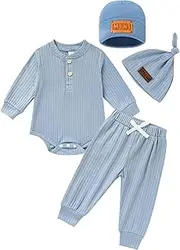 [ZOELNIC] Newborn Baby Boy Girl Clothes Set Ribbed Outfits Solid Long Sleeve Tops Pants Romper Winter Fall Toddler 0-12 Months
