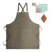 Aprons for Men Women with Large Pockets, Cotton Canvas Cross Back Grey Green