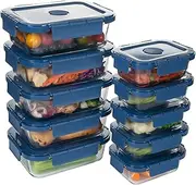 HAKEEMI Glass Food Storage Containers 10 Pack, Glass Meal Prep Containers with Snap Locking Lids Airtight Built in Air Vents, Glass Lunch Containers, Microwave/Dishwasher Safe, Navy Blue