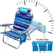 SunnyFeel Reclining Beach Chair Outdoor Folding Lounge Chairs for Adults 5 Position Adjustable with Cooler Bag and Cushioned Neck Rest Backpack Straps, Blue Stripe