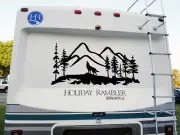Howling Wolf Mountain Scene Vinyl Decal V4 | RV Camping Graphics Die Cut Sticker