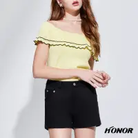 在飛比找momo購物網優惠-【HONOR 山形屋】一字荷葉領線條滾邊針織上衣-黃/白