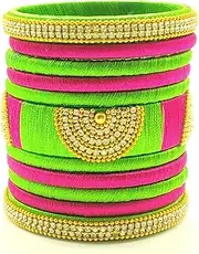 GOELX Festive Offer: Green and Rani Pink Silk Thread Handcrafted Bangles Set for Women
