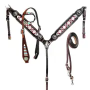 western Leather Equestrian Tooled Beaded Headstall,Breast Collar & Reins. (H079)