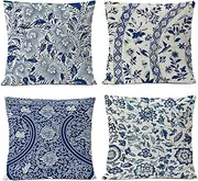 FUNHOM Blue Flowers Pillow Covers 18x18 Set of 4 Leaf Floral Linen Pillow Cover Home Decorative Sofa Leaves Vintage Pillow Cases Cushion Cover