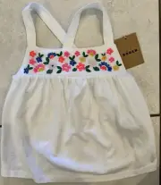 NWT Mini Boden Girls Floral Embroidered White Cross-back Tank Top Size 4-5