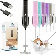 Rechargeable Mlik Frother Wand with Stand, Foam Maker with Stainless Whisk, 3-Speeds Electric Handheld Drink Mixer for Coffee, Cappuccino, Latte, Matcha, Hot Chocolate (Black)