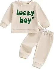 [Nibbcoa] Toddler Baby Boy St Patrick's Day Outfit Lucky Embroidery Waffle Knit Sweatshirt Pants Set Infant Boy Cute Clothes