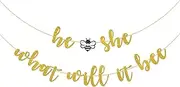 Halodete He or She What Will it Bee Banner, Bumble Bee Boy or Girl, Baby Shower, Welcome Baby Party Garland Bunting Decorations - Gold Glitter