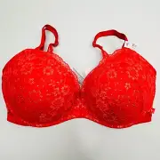 New Victoria Secret No Wire Bra 38DD Red Padded Cup Lace Adjustable Strap