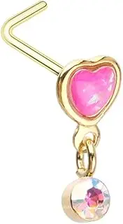 [Pierced Owl] 20GA Gold Plated 316L Stainless Steel Pink Heart with Dangling Aurora Borealis Gem L-Bend Nose Stud, 20ga, Metal, no gemstone