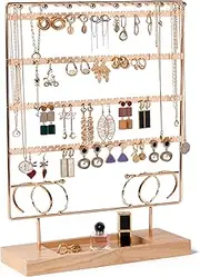 Lolalet Earring Holder Organizer Earring Stand, 6-Tier Jewelry Holder Organizer with Wooden Tray, Double Sides Necklace Display Tower Storage Rack for Women Girls, 208 Earring Holders & Grooves -Gold
