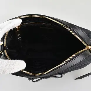 【PRADA 普拉達】PRADA黑字LOGO蝴蝶結設計帆布牛皮飾邊拉鍊斜背包(黑)