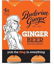 Buderim Ginger Non-Alcoholic Ginger Beer, 4 x 250 mL cans, Made with Fresh Ginger, Super Refreshing, Great as a Mixer