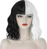 Cruella Deville Wigs for Women, 30cm Short Black and White Wigs with Bangs for Cruella Cosplay Costume JZ001BW