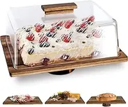 NWK 3-in-1 Rectangular Wood Cake Stand (40cmX30cm) with Dome(13cm H) Rustic Acacia Wooden Cake Plate with Base, Food Serving Platter with Sauce Dish, Cheese Board, Acrylic Cover Shatterproof