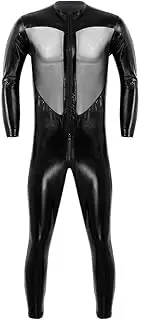 [JIAXU] Sexy Lingerie Men Lingerie Full Bodysuit Wet Look Leather High Neck Long Sleeve Zipper Front Mesh Splice Leotard