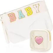 BuyCard 2 Pcs Preppy Patch Clear Baby Bag, Women Chenille Letter Makeup Cosmetic Bag for Travel, PVC Waterproof Organization Outdoor Zipper Pouch Toiletry Bag for Women Girl