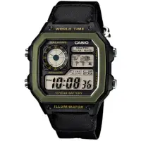 在飛比找momo購物網優惠-【CASIO 卡西歐】十年之旅數位錶-綠框x黑帆布錶帶(AE