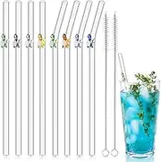 Yinkin 8 Pcs Reusable Glass Straws Shatter Resistant Straws with Design Colorful Cute 8'' Bend Drinking Glass Straws for Cocktail with 2 Cleaning Brushes (Turtle), M