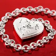 Charm Bracelet Bangle 925 Sterling Silver Filled Engraved Vintage Heart Locket