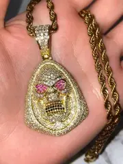 Skeleton Mask Charm Iced Icy Out Mens Women 14k Gold F Pendant Charm Rope Chain
