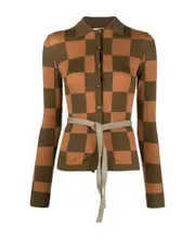checkerboard button-up cardigan XXS Brown