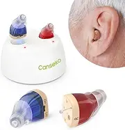 Hearing Aids, CANSEKO OTC Hearing Aids for Adults Seniors Rechargeable with Noise Cancelling, Invisible Hearing Aid, Rechargeable Hearing Amplifier, 1 Pair Red and Blue