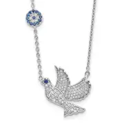 Sterling Silver Rhodium-Plated Blue And Clear Cz Dove 16 Inch Necklace With 2 Extension