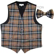 New Vesuvio Napoli Men's plaid checkered Tuxedo Vest Waistcoat_Bowtie Brown