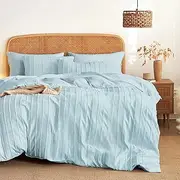 Wake In Cloud - Striped Textured Quilt Cover Set, 1000TC Ultra Soft Stripes Seersucker Microfiber Duvet Doona Cover Bed Bedding, 3 Pieces, Light Blue, Double Size