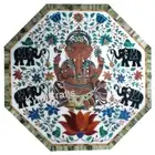Octagon Marble Coffee Table Top Ganesha Pattern Inlay Work Corner Table for Home