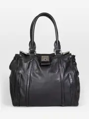 Black Leather Rolled Handles Tote Bag