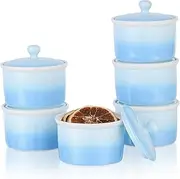 240ml Porcelain Ramekins with Lid, Candiicap Souffle Dishes Bowls with Lid for Baking, Pudding, Creme Brulee, Custard Cups, Serving Dip, Oven, Microwave and Dishwasher Safe (240ml,Sky Blue)