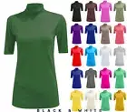 Women Short Sleeve Plain Turtle Polo Neck Ladies Stretch Plus Size Top T Shirt