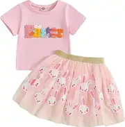 [Rtnnsbbfcm] Toddler Kids Baby Girl Easter Outfit Carrot Letter Embroidery Short Sleeve T Shirts Sequin Bunny A-Line Skirt Sets