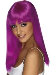 Glamourama Wig Neon Purple Long Straight with Fringe Fancy Dress Accessory