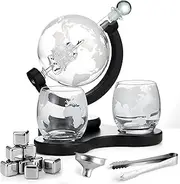 [Aoeek] Whiskey Decanter Set 850ml Decanter, 2 Engraved Globe Glasses, Stainless Steel Funnel and 8 Stainless Steel Whisky Stones (B)