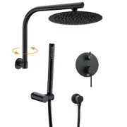 Matt Black 2in1 Large Rain & Handheld Shower Swivel Gooseneck Arm Brass Holder Kit