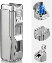 Torch Lighter, 4 Jet Flame Lighter Refillable Butane Lighter Windproof Lighter Gift for Men Women (Mahogany, Without Gas) Bright Silver