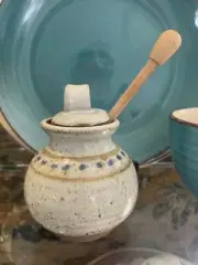 Studio Pottery Honey Pot Signed with Notched Lid & Dipper Shades of Blue&Tan