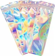 100pcs Holographic Laser Cosmetic Bags Jewelry Packaging Long Shape Smell Proof Bags Single side Clear Foil Pouch With Hang Hook Zip lock Bag Food Storage (2.4x9")