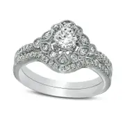 0.63 CT. T.W. Natural Diamond Frame Art-Deco Antique Vintage-Style Bridal Engagement Ring Set in Solid 14K White Gold
